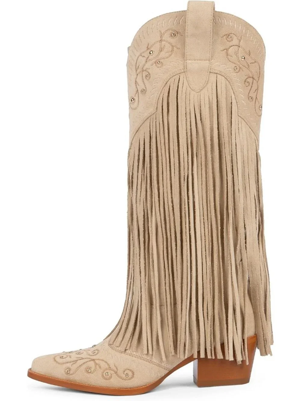 Women's Suede Beige Knee High Pointed Toe Fringe Cowboy Mid Block Heel Boots